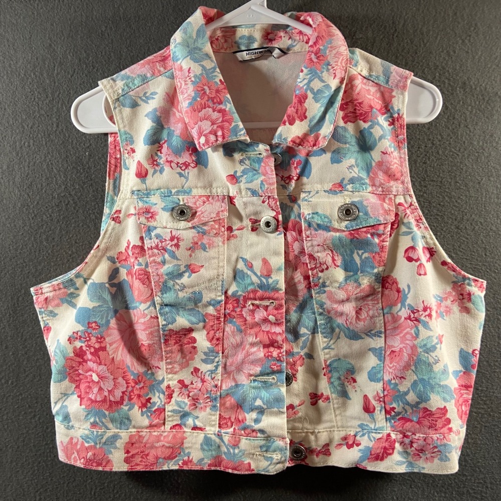 vtg Floral Denim jean Vest 1x Pink Cropped cottagecore 90s grandmacore layering